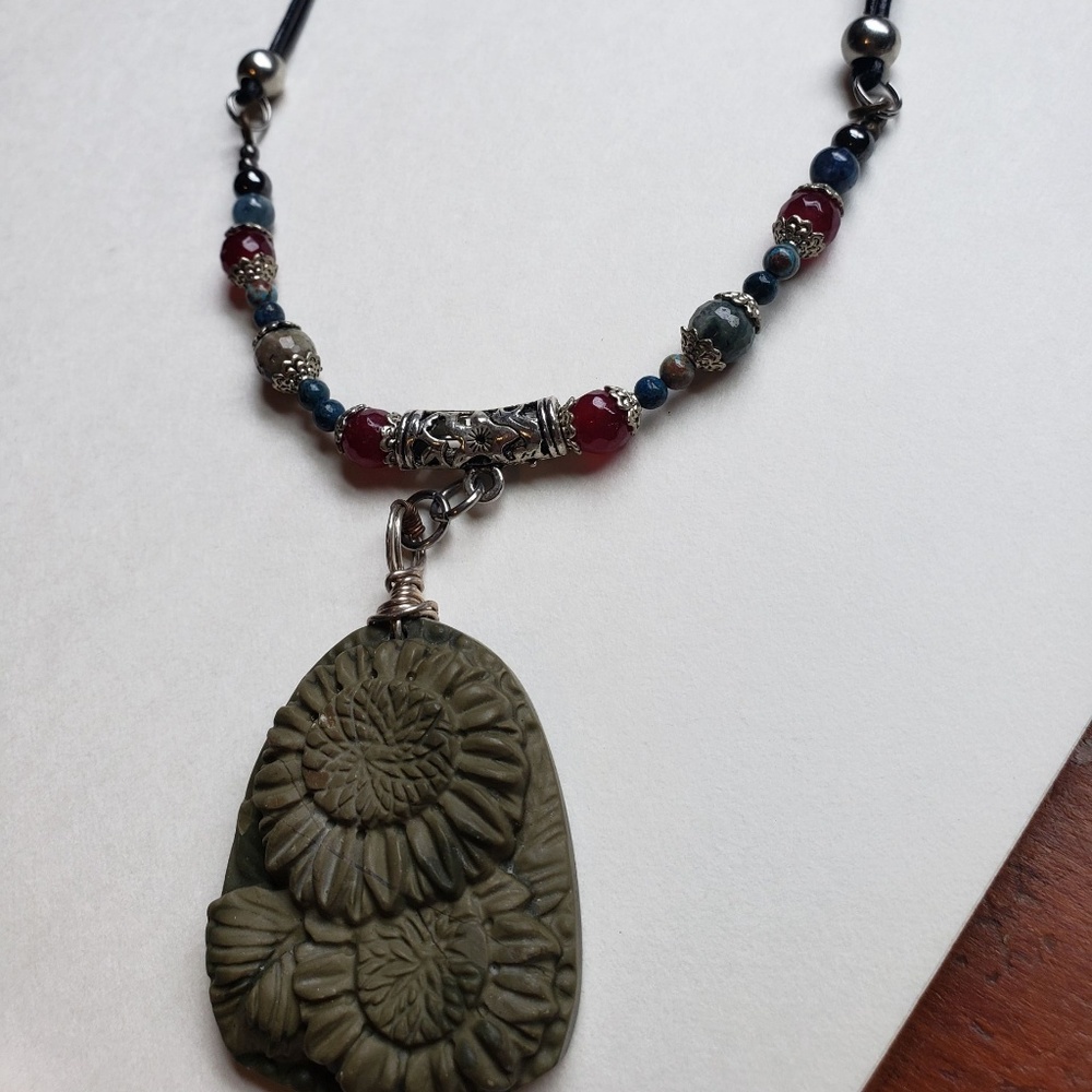 Carved jasper SUNFLOWER W/RUBY SAPPHIRE LEATHER